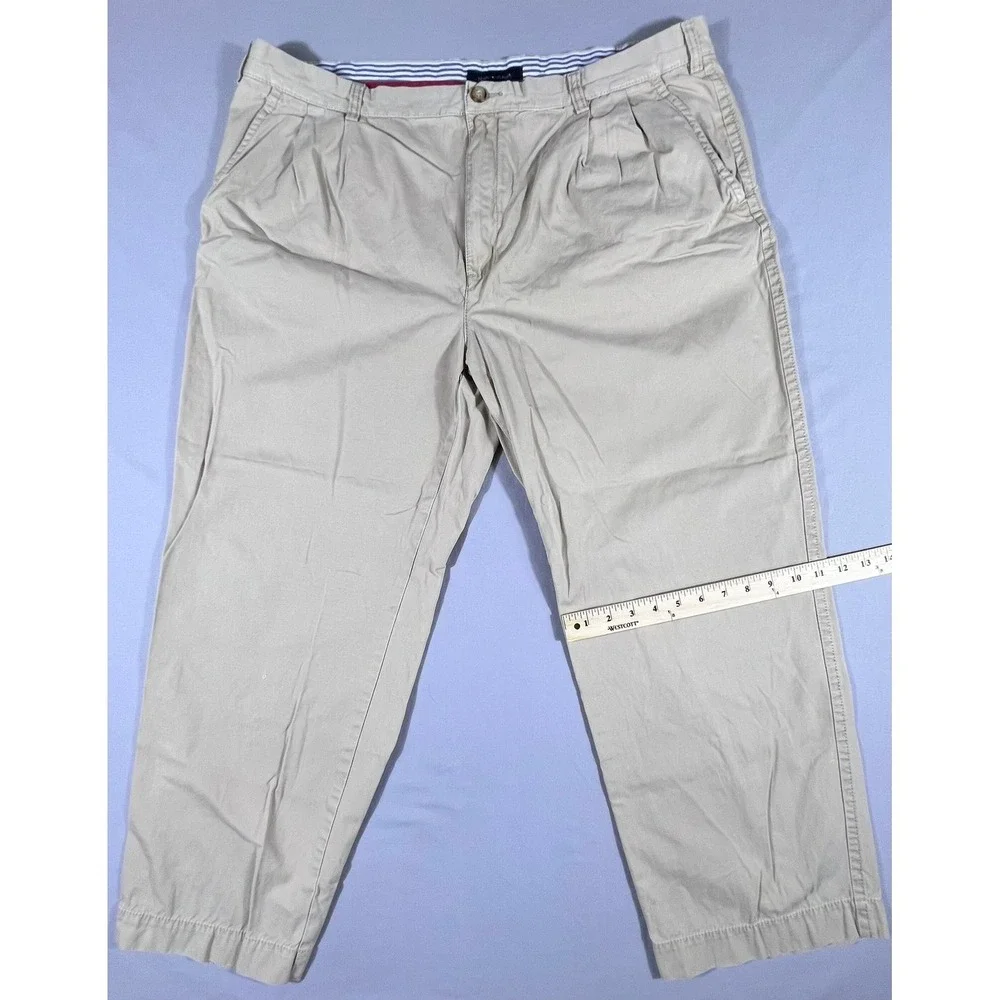 Tommy Hilfiger Mens Pleated Chino Pants Khaki Tan 42x30 Cotton Twill Trousers